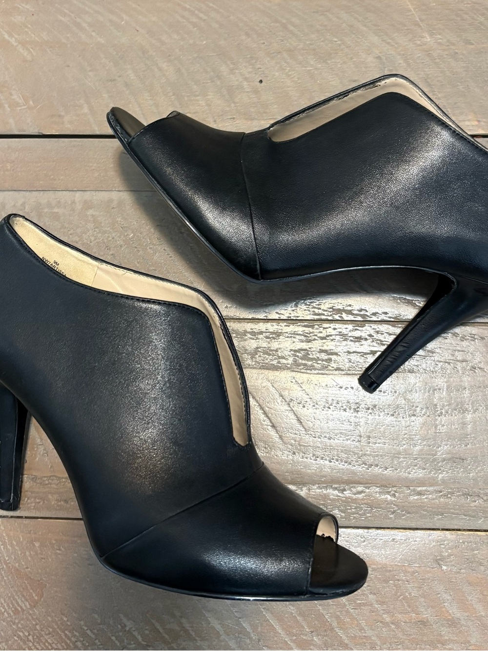 Nine West Black Leather Peep-Toe Stiletto Booties